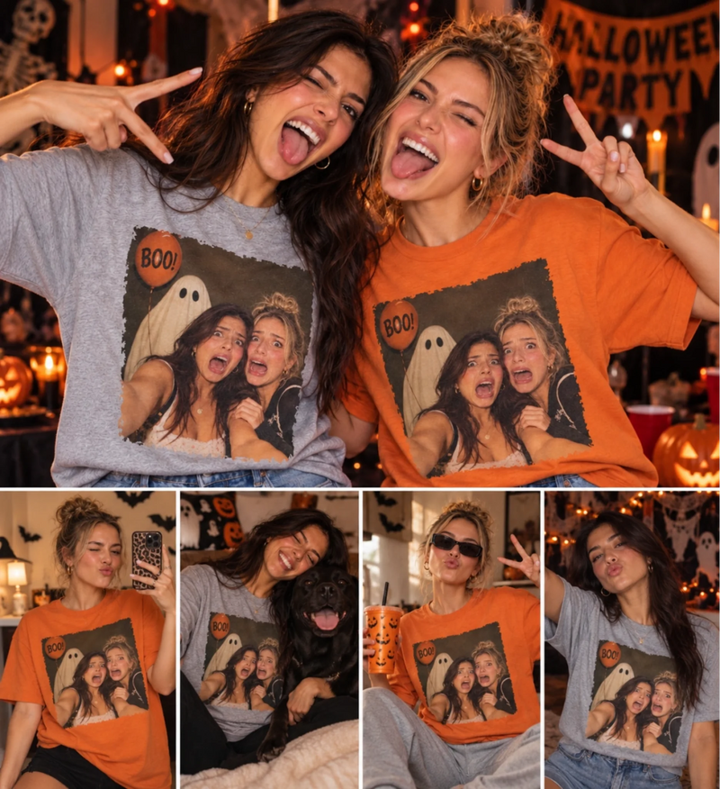 Custom Photo Bestie Selfie With My Boo T-Shirt – Personalized Funny Halloween Shirt for Best Friends, BFF Halloween Gift - Partners in crime. Partners in haunt.