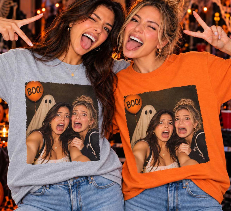 Custom Photo Bestie Selfie With My Boo T-Shirt – Personalized Funny Halloween Shirt for Best Friends, BFF Halloween Gift - Partners in crime. Partners in haunt.