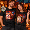 Custom Photo Funny Dog Selfie With Skeleton Comfort T-Shirt - Personalized Halloween Birthday Gifts For Dog Cat Lovers, Dog Dad And Mom, Cat Owners - Paws, Bones And Laughs