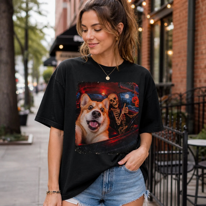 Custom Photo Funny Dog Selfie With Skeleton Comfort T-Shirt - Personalized Halloween Birthday Gifts For Dog Cat Lovers, Dog Dad And Mom, Cat Owners - Paws, Bones And Laughs
