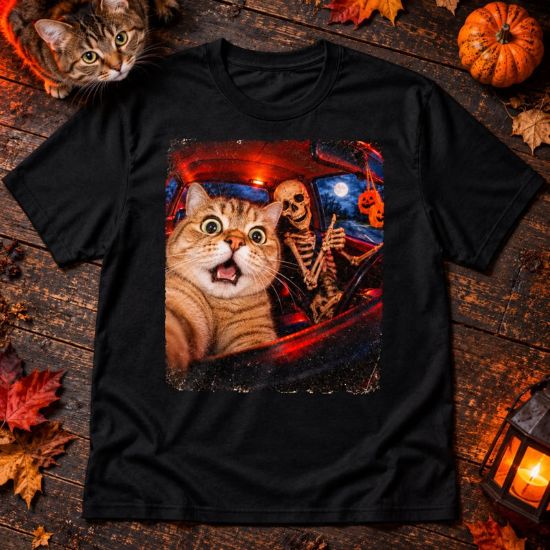Custom Photo Funny Dog Selfie With Skeleton Comfort T-Shirt - Personalized Halloween Birthday Gifts For Dog Cat Lovers, Dog Dad And Mom, Cat Owners - Paws, Bones And Laughs