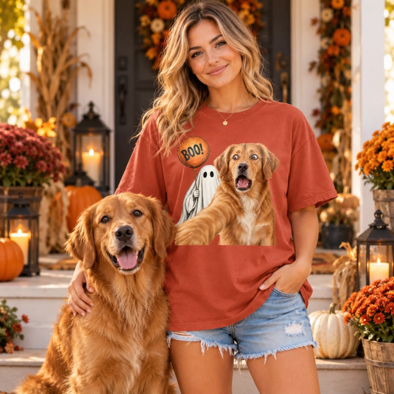 Custom Photo Funny Dog Selfie With Boo T-Shirt - Personalized Halloween Gifts For Dog Cat Lovers, Dog Dad And Mom, Cat Owners - Too Spooked To Behave