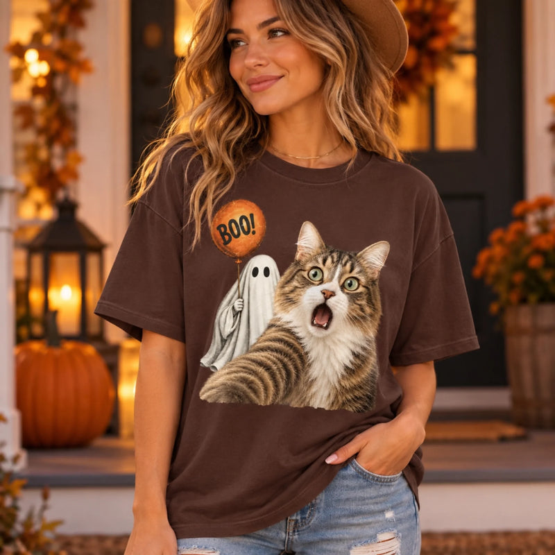 Custom Photo Funny Dog Selfie With Boo T-Shirt - Personalized Halloween Gifts For Dog Cat Lovers, Dog Dad And Mom, Cat Owners - Too Spooked To Behave