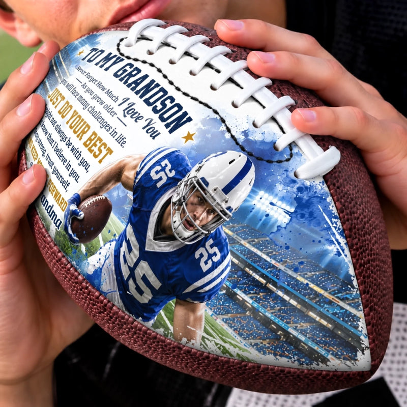 Custom Photo Leather Football - Personalized Birthday Gifts For Son, Grandson, American Football Lovers, Sports Fans, Sports Lovers - Born To Be A Champion
