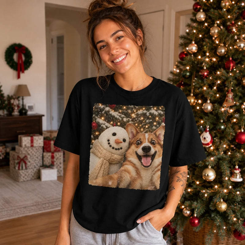 Custom Photo Funny Dog Selfie With Snowman Comfort T-Shirt - Personalized Christmas Birthday Gifts For Dog Cat Lovers, Dog Dad And Mom, Cat Owners - Sweetest Winter Duo Picture