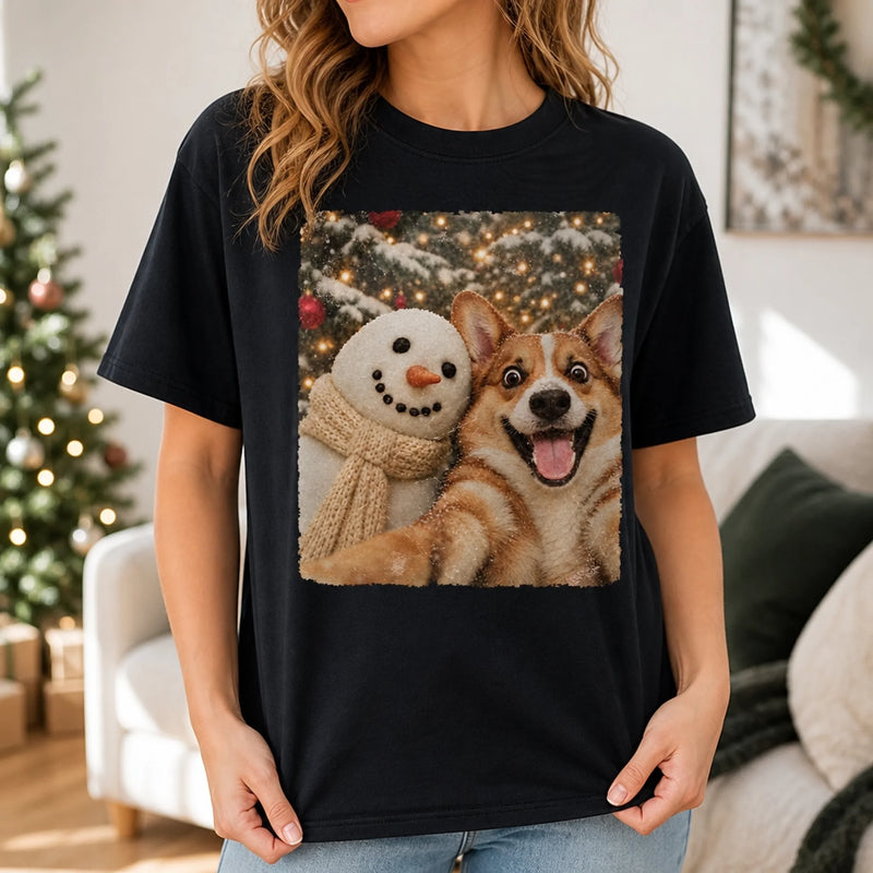 Custom Photo Funny Dog Selfie With Snowman Comfort T-Shirt - Personalized Christmas Birthday Gifts For Dog Cat Lovers, Dog Dad And Mom, Cat Owners - Sweetest Winter Duo Picture