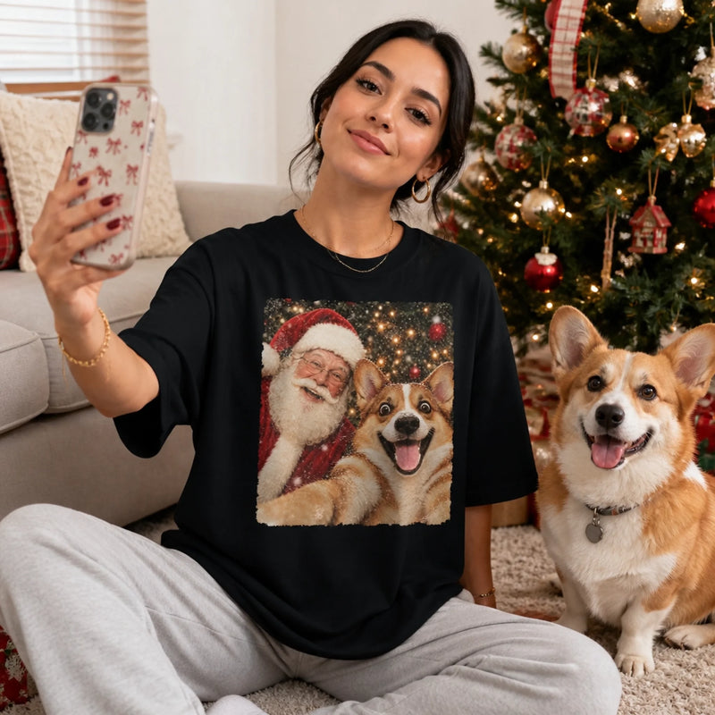 Custom Photo Funny Dog Selfie With Santa Comfort T-Shirt - Personalized Christmas Birthday Gifts For Dog Cat Lovers, Dog Dad And Mom, Cat Owners - Paws, Santa And Cheer