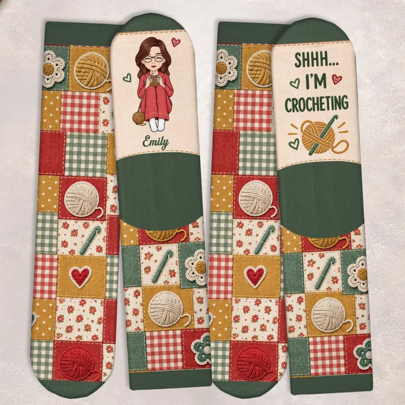 Custom Yarn Crew Socks - Personalized Birthday Gifts For Crochet Knitting Lovers, Crocheters, Knitters, Wife, Daughter, Besties, Sisters, Granddaughter, Grandma, Mom, Yourself - Keep Calm, Stitch On