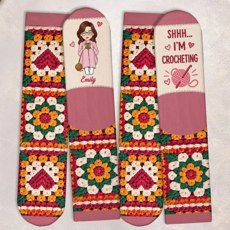 Custom Yarn Crew Socks - Personalized Birthday Gifts For Crochet Knitting Lovers, Crocheters, Knitters, Wife, Daughter, Besties, Sisters, Granddaughter, Grandma, Mom, Yourself - Quiet, I'm Crocheting Now