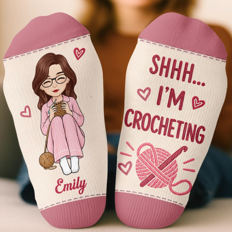 Custom Yarn Crew Socks - Personalized Birthday Gifts For Crochet Knitting Lovers, Crocheters, Knitters, Wife, Daughter, Besties, Sisters, Granddaughter, Grandma, Mom, Yourself - Quiet, I'm Crocheting Now