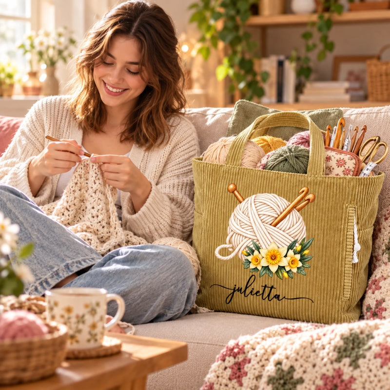 Custom Yarn Corduroy Tote Bag - Personalized Birthday Gifts For Crochet Knitting Lovers, Crocheters, Knitters, Wife, Daughter, Besties, Sisters, Granddaughter, Grandma, Mom, Yourself - Bloom & Stitch