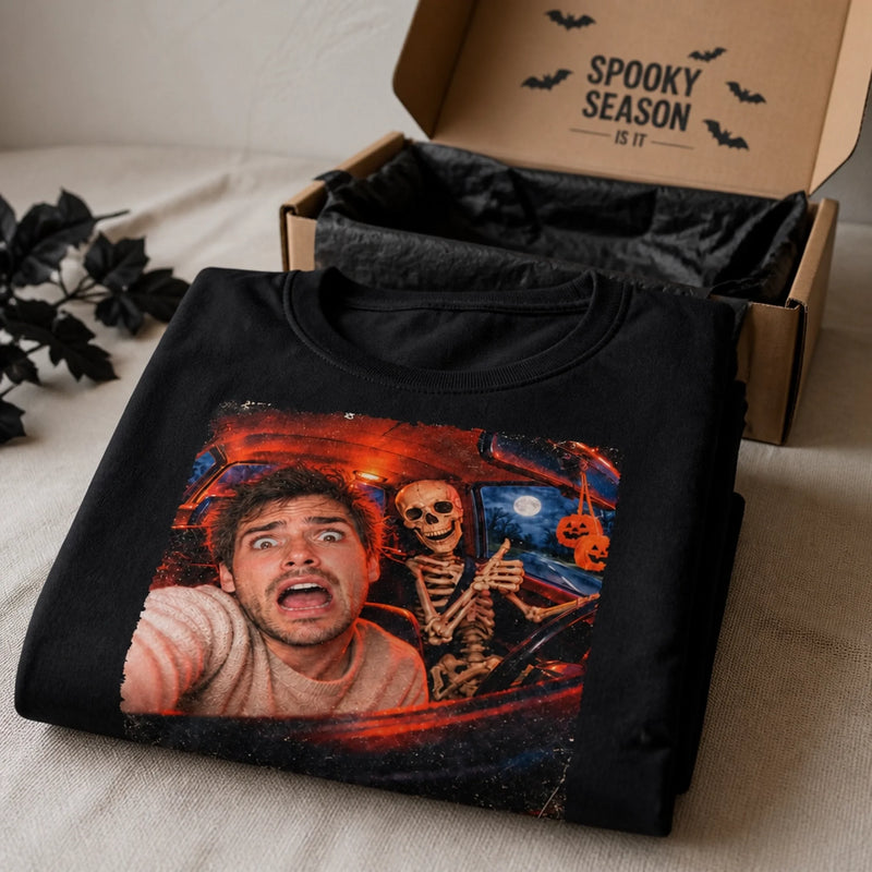 Custom Photo Funny Human Selfie With Skeleton Comfort T-Shirt - Personalized Halloween Birthday Gifts For Mom, Dad, Brother, Sister, Kids - Spooktacular Photo Shoot Moment