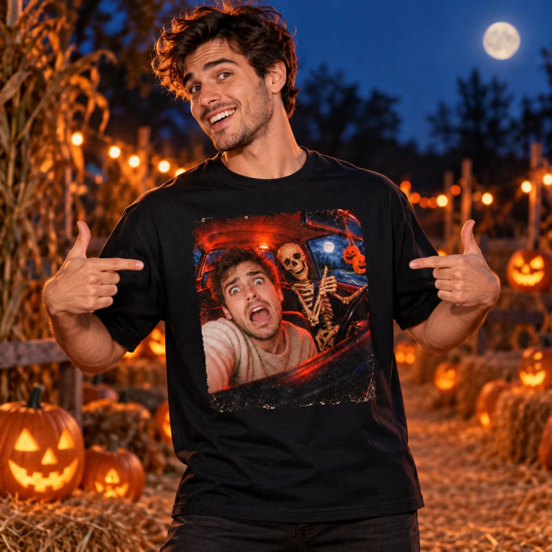 Custom Photo Funny Human Selfie With Skeleton Comfort T-Shirt - Personalized Halloween Birthday Gifts For Mom, Dad, Brother, Sister, Kids - Spooktacular Photo Shoot Moment