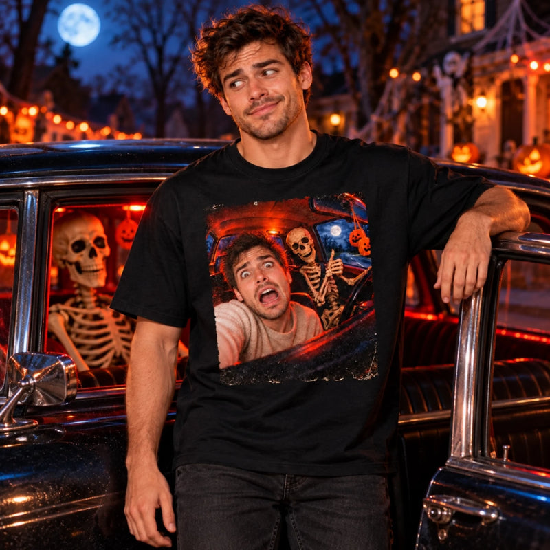 Custom Photo Funny Human Selfie With Skeleton Comfort T-Shirt - Personalized Halloween Birthday Gifts For Mom, Dad, Brother, Sister, Kids - Spooktacular Photo Shoot Moment