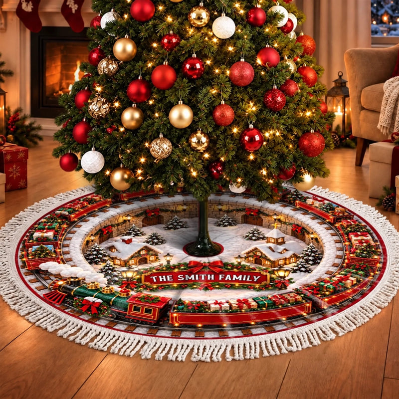 Custom Christmas Train Tree Skirt - Personalized Christmas Birthday Gifts For Mom, Dad, Brother, Sister - All Aboard The Family Express