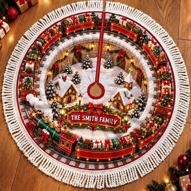 Custom Christmas Train Tree Skirt - Personalized Christmas Birthday Gifts For Mom, Dad, Brother, Sister - All Aboard The Family Express