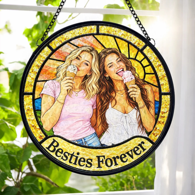 Custom Photo Friendship Gifts For Besties - Personalized Stained Glass Window Hanging Suncatcher