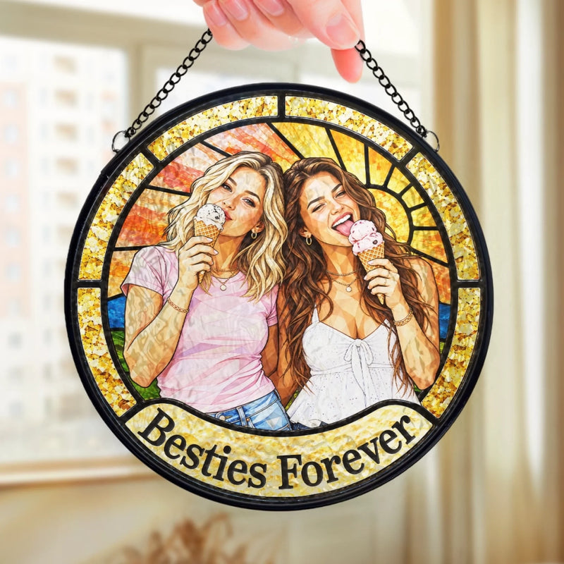 Custom Photo Friendship Gifts For Besties - Personalized Stained Glass Window Hanging Suncatcher