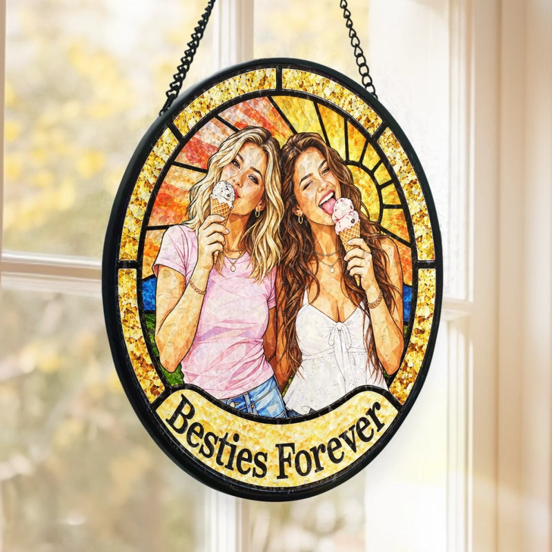Custom Photo Friendship Gifts For Besties - Personalized Stained Glass Window Hanging Suncatcher