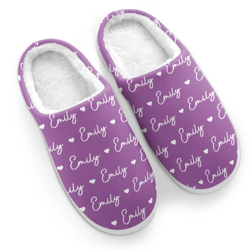 Custom Name Heart Slippers - Personalized Fluffy Slippers Gifts For Women