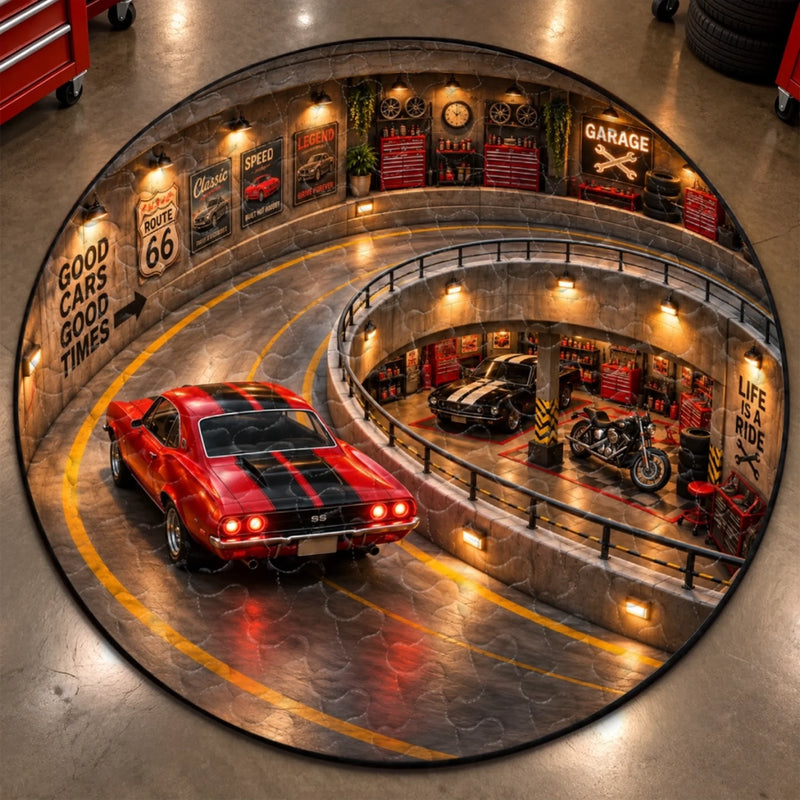 Classic Car Garage Decor for Auto Enthusiasts - Quilted Round Mat