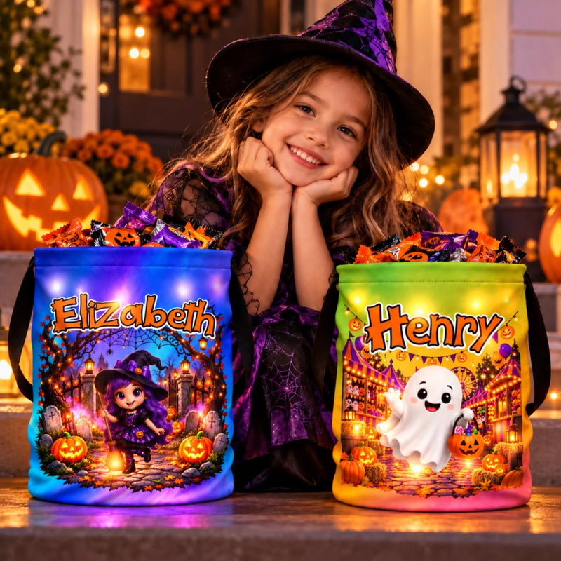 Custom LED Light Bucket Bag - Personalized Halloween Birthday Gifts For Kids - Trick Or Treat, Smell My Feet