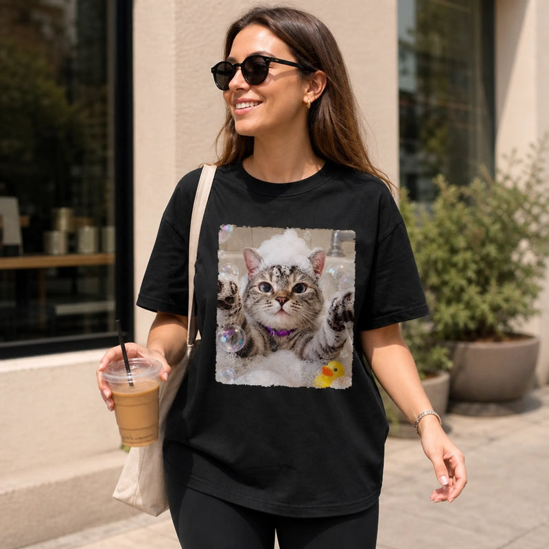 Custom Photo Bubble Bath Cat Gifts for Cat Lovers - Personalized Comfort T-Shirt