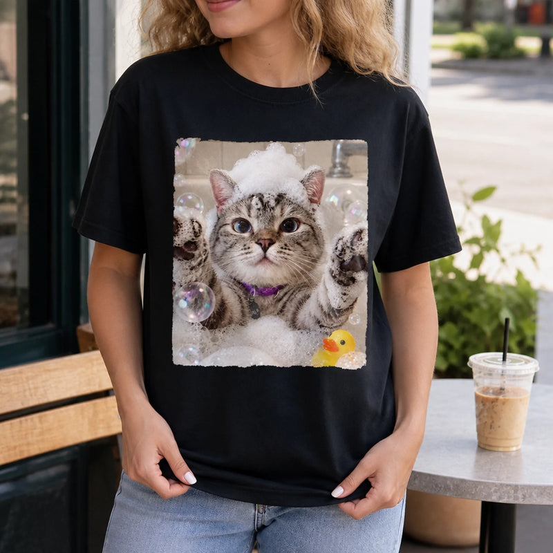 Custom Photo Bubble Bath Cat Gifts for Cat Lovers - Personalized Comfort T-Shirt
