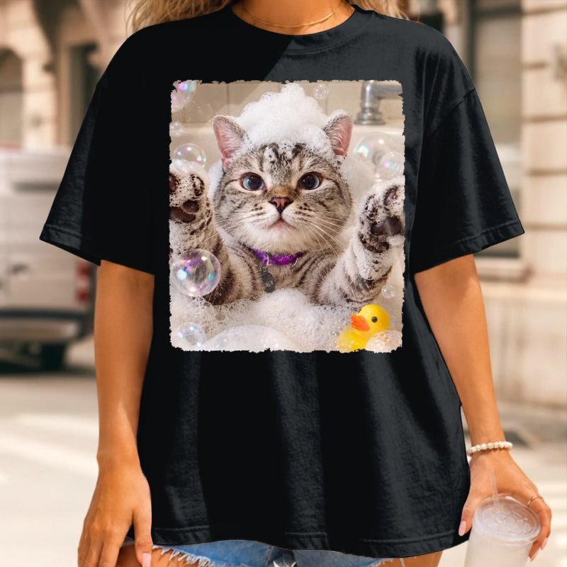 Custom Photo Bubble Bath Cat Gifts for Cat Lovers - Personalized Comfort T-Shirt