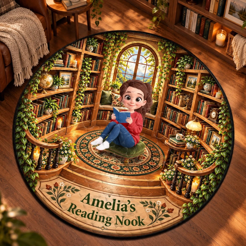 Custom Girl Reading Nook Decor - Personalized Quilted Round Mat