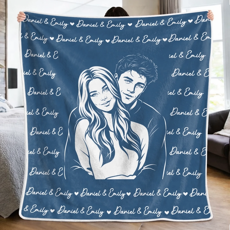 Custom Photo Couple Portrait Anniversary Gifts For Husband And Wife, Him And Her - Personalized Blanket