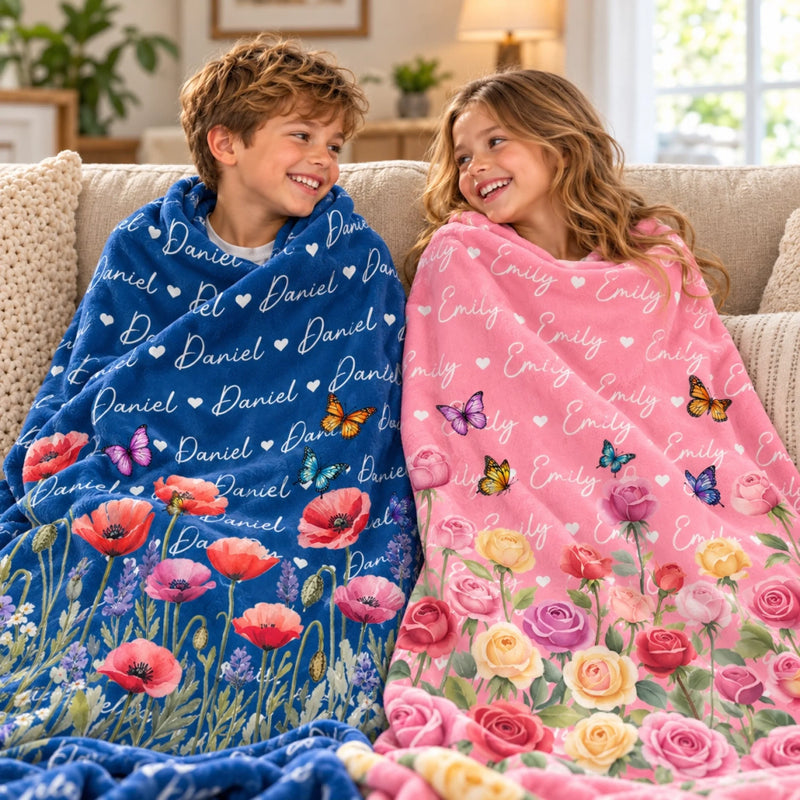 Custom Name Butterfly Floral Kids Gifts - Personalized Blanket