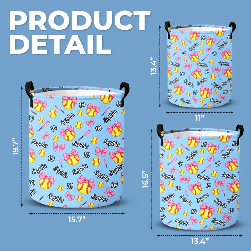 Custom Bow Softball Name and Number Gifts For Kids - Personalized Laundry Basket