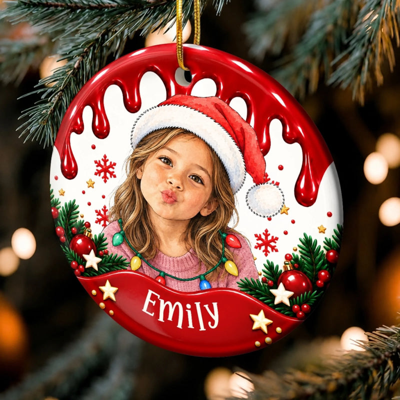 Custom Photo Name Christmas Keepsake Gifts for Kids - Personalized Ceramic Ornament