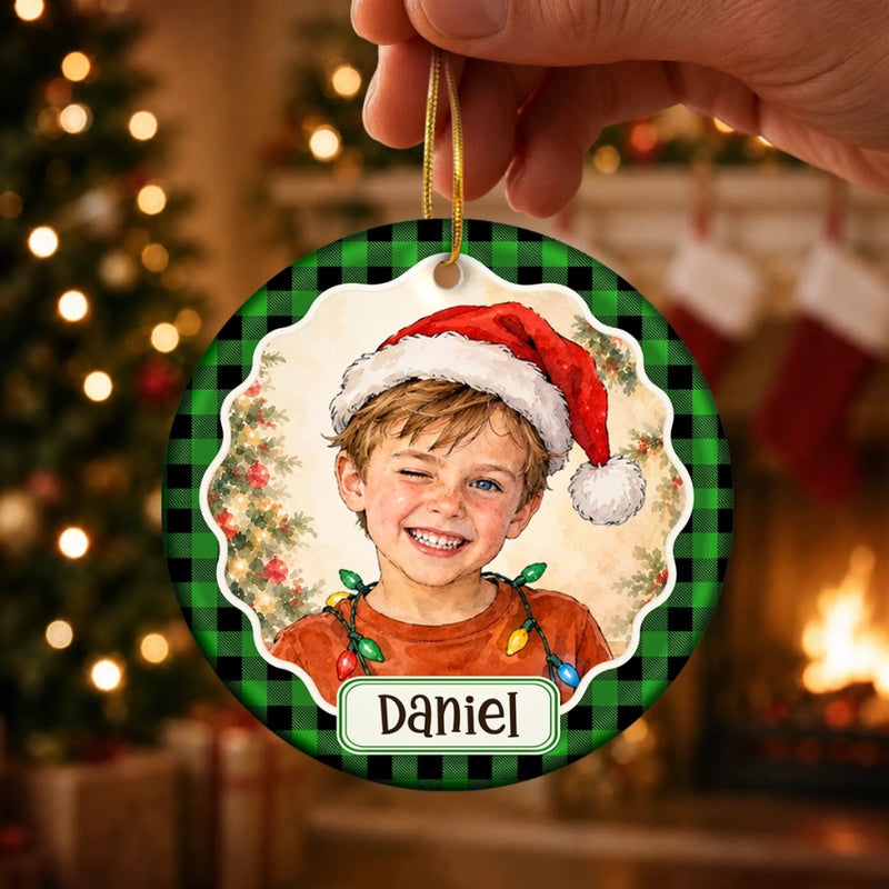 Custom Photo Santa Hat Keepsake for Kids - Personalized Ceramic Ornament