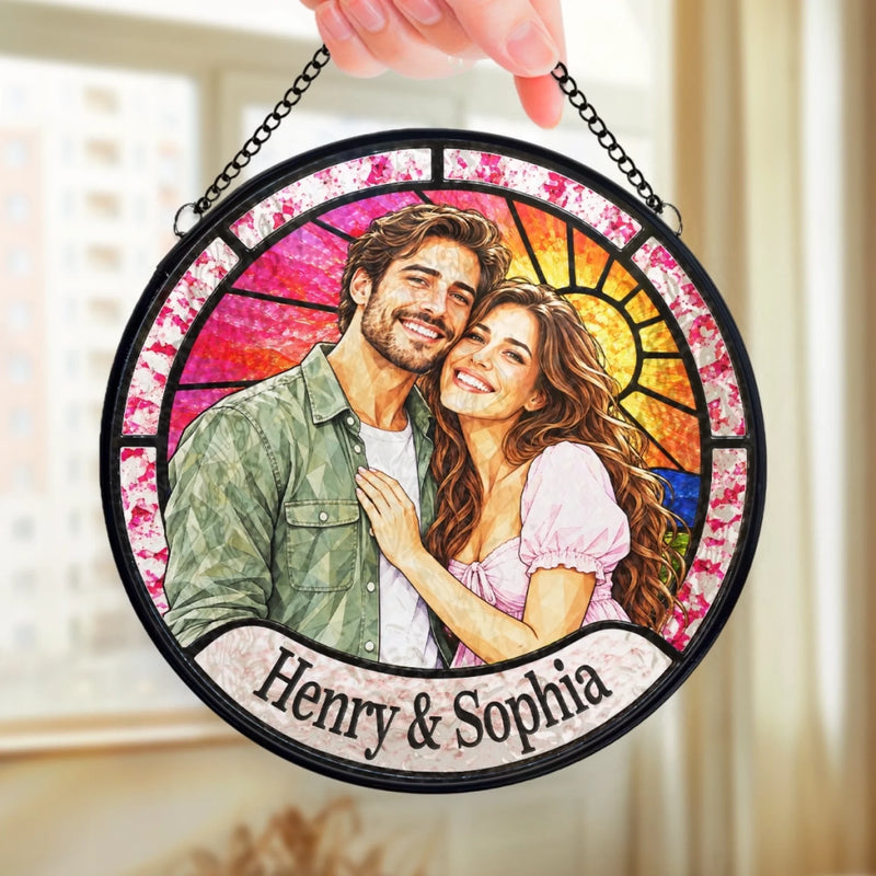 Custom Photo Anniversary Couple Gifts - Personalized Stained Glass Window Hanging Suncatcher