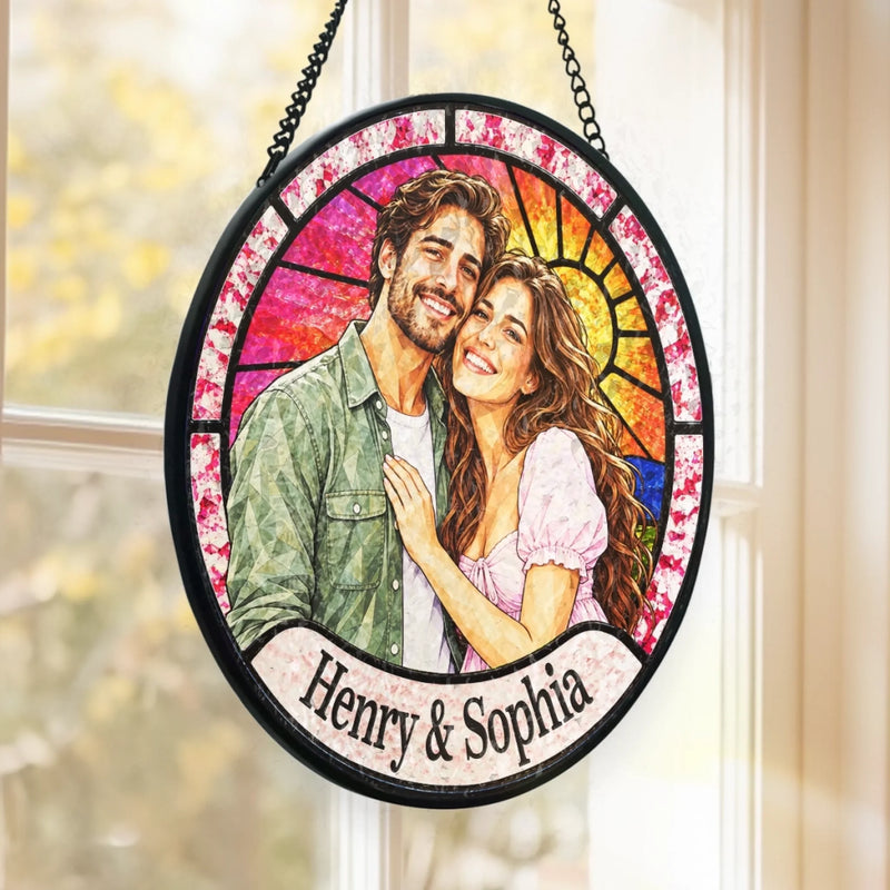 Custom Photo Anniversary Couple Gifts - Personalized Stained Glass Window Hanging Suncatcher
