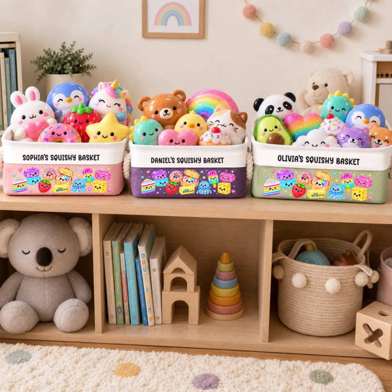 Custom Name Kawaii Food and Animal Squishy Gifts for Kids - Personalized Storage Basket