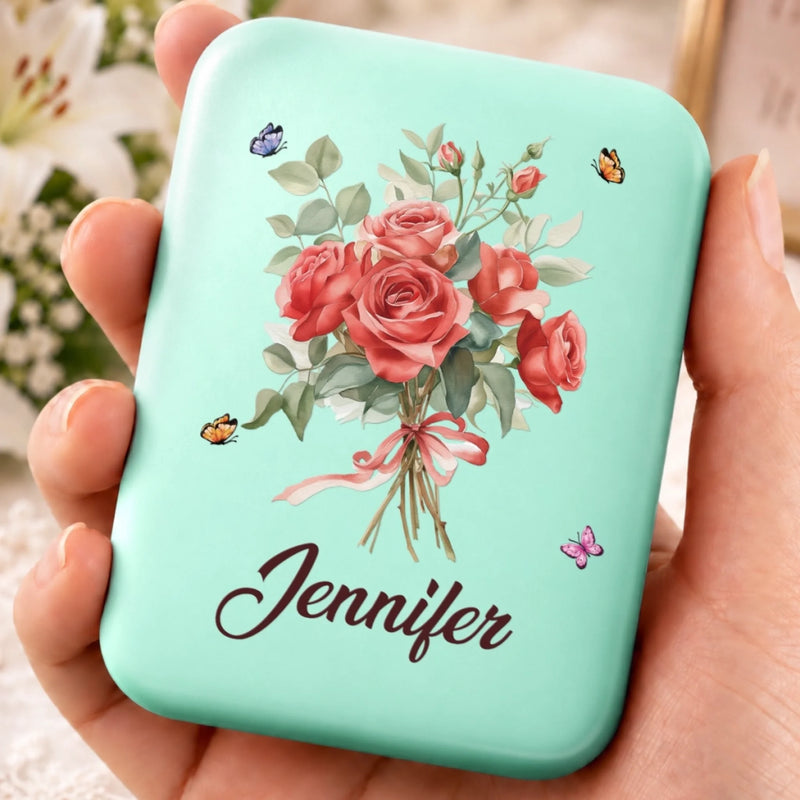 Custom Name Rose Butterfly Beauty Gifts for Women - Personalized LED Compact Makeup Mirror