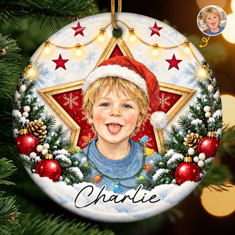 Custom Photo Star Christmas Keepsake for Kids - Personalized Ceramic Ornament