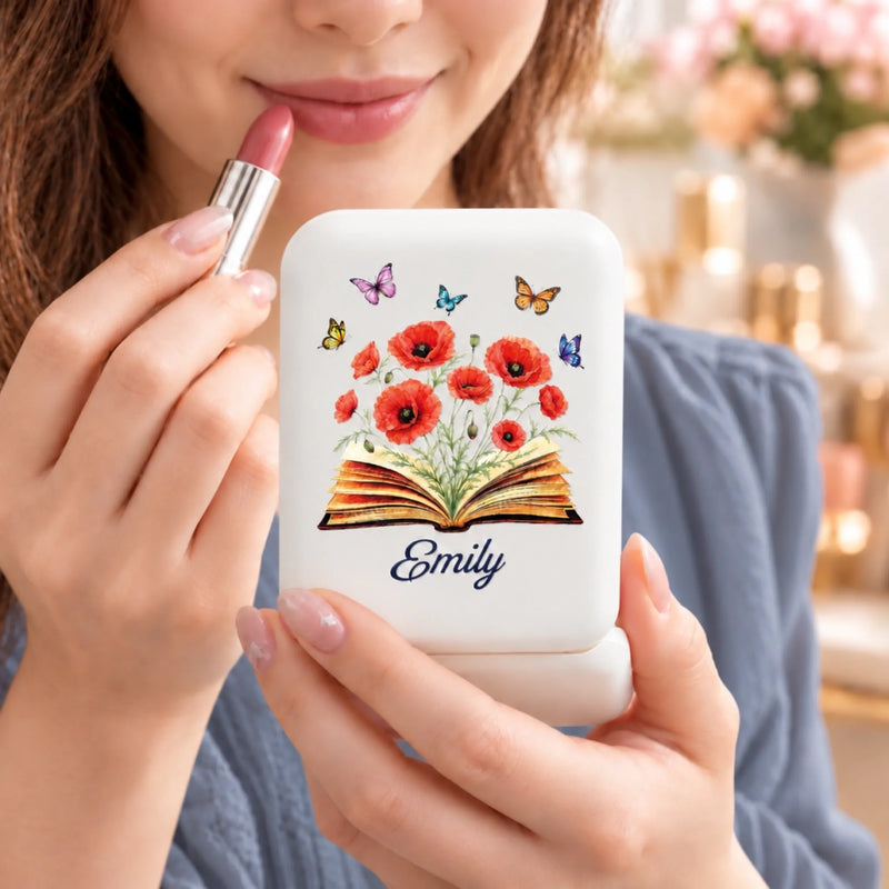 Custom Name Floral Bookish Gifts For Women And Book Lovers - Personalized LED Compact Makeup Mirror
