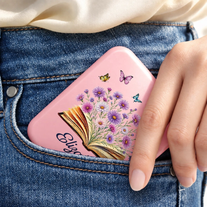 Custom Name Floral Bookish Gifts For Women And Book Lovers - Personalized LED Compact Makeup Mirror