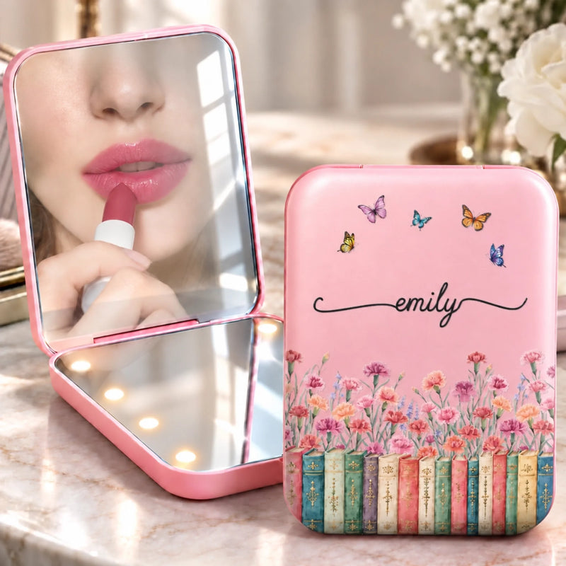 Custom Name Floral Butterfly Bookish Gifts For Book Lovers, Women - Personalized LED Compact Makeup Mirror