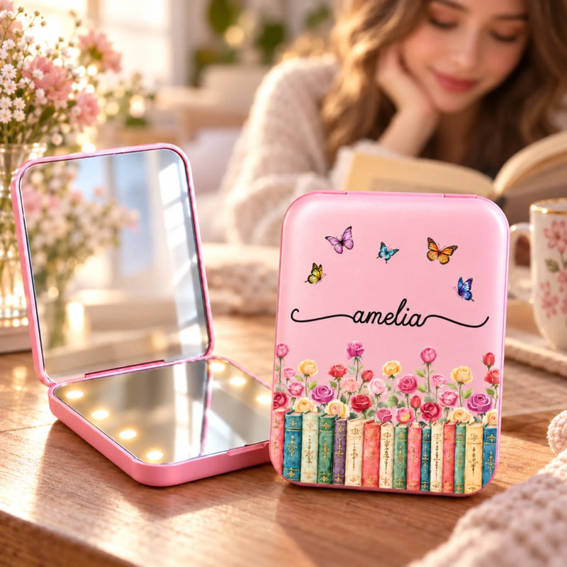 Custom Name Floral Butterfly Bookish Gifts For Book Lovers, Women - Personalized LED Compact Makeup Mirror