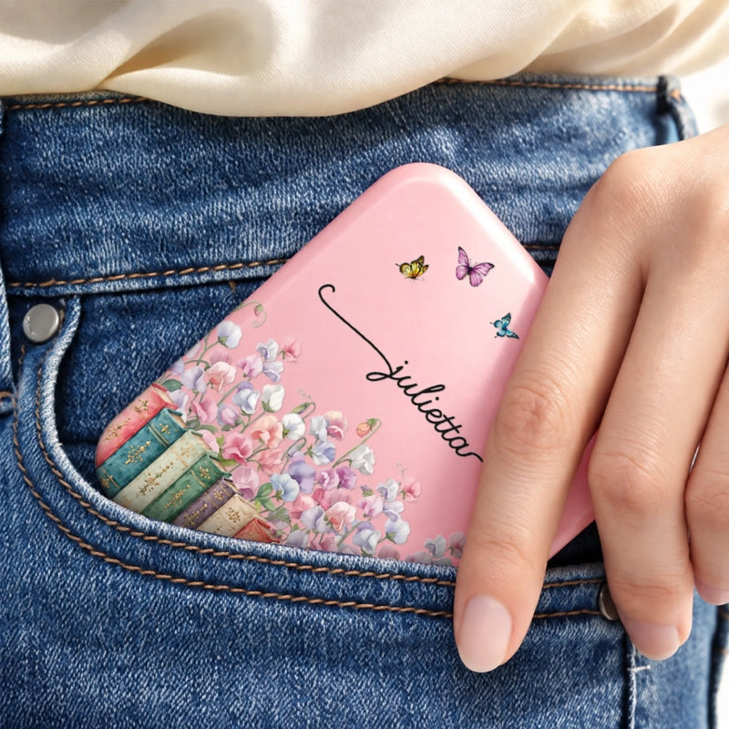 Custom Name Floral Butterfly Bookish Gifts For Book Lovers, Women - Personalized LED Compact Makeup Mirror