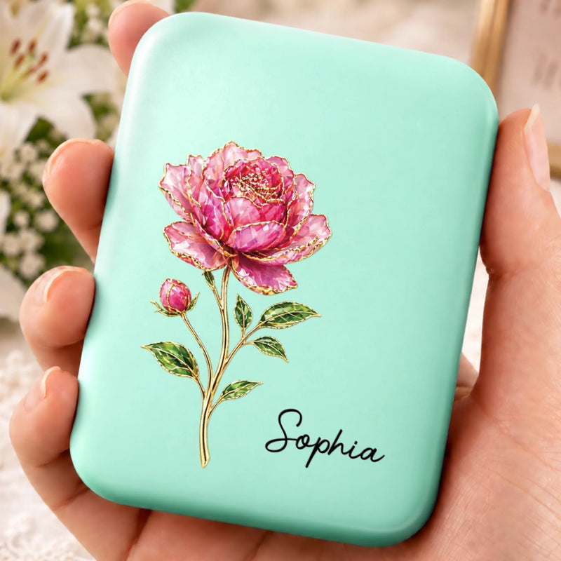 Custom Name Birth Month Flower Beauty Gifts for Women - Personalized LED Compact Makeup Mirror