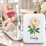 Custom Name Birth Month Flower Makeup Gifts For Women - Personalized LED Compact Makeup Mirror