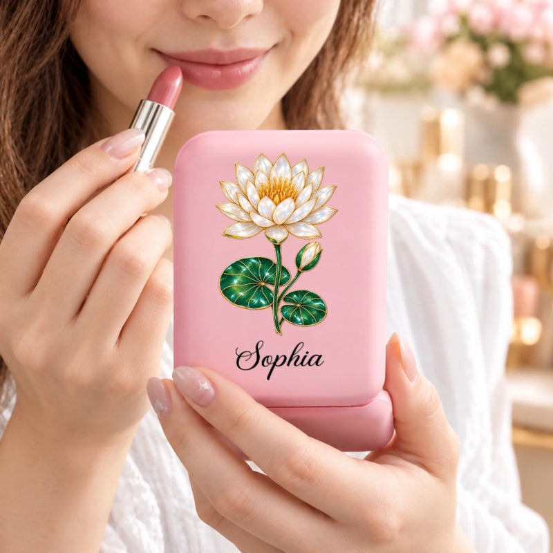 Custom Name Birth Month Flower Makeup Gifts For Women - Personalized LED Compact Makeup Mirror