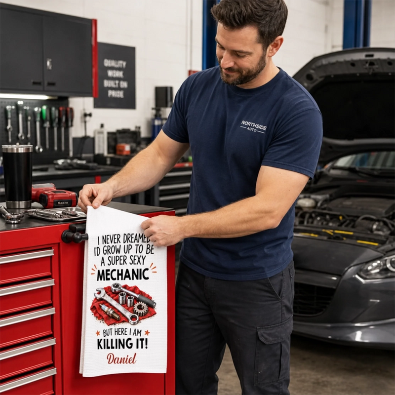 Custom Name Funny Mechanic Gifts for Men - Personalized Kitchen Towel