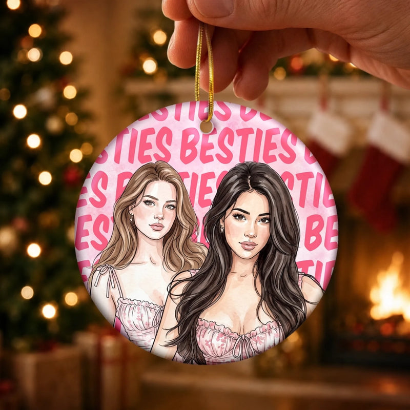 Custom Photo Watercolor Bestie Christmas Keepsake - Personalized Ceramic Ornament